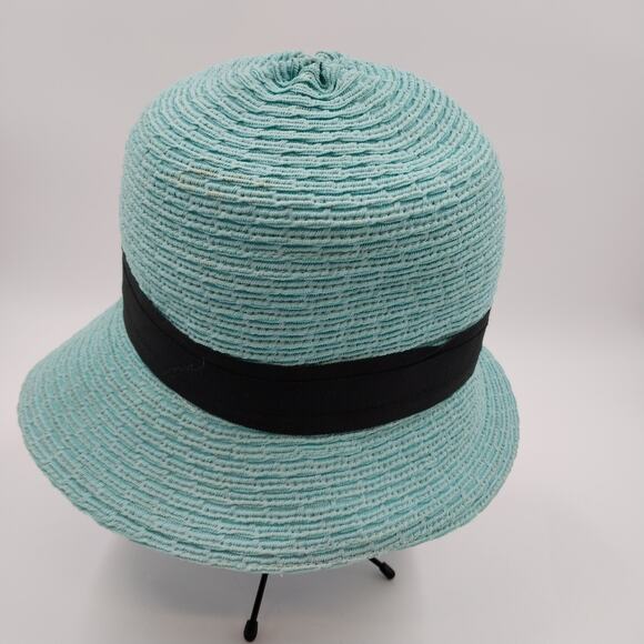 Rike's Light Blue Teal Woven Paper Straw Summer Hat with Black Ribbon Bow Accent - Picture 5 of 10